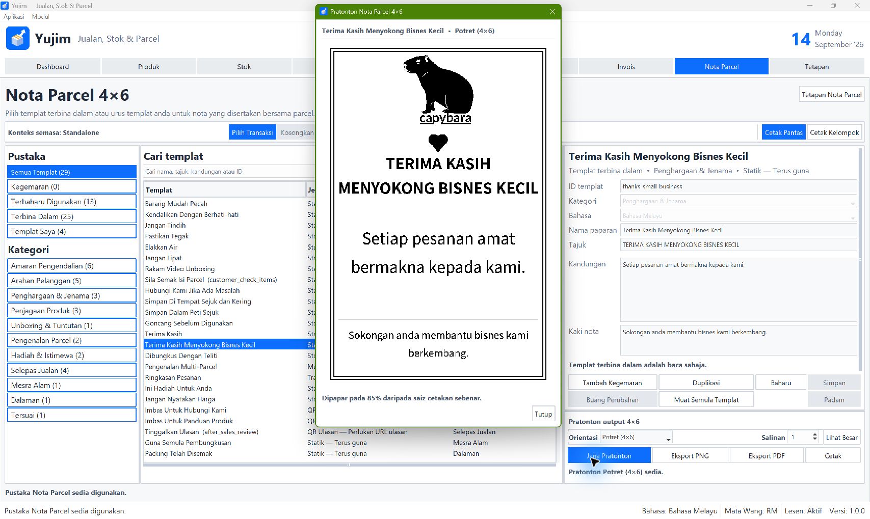 Nota Parcel — Paparan aplikasi Windows · Bahasa Melayu